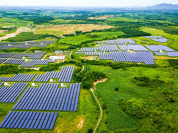 Distesa di pannelli fotovoltaici per la produzione di energia da fonti rinnovabili e per lo sviluppo sostenibile di aziende
